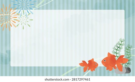 Watercolor Style Summer Background Frame with Goldfish, Fireworks and Water Plants, 16:9 Horizontal Banner