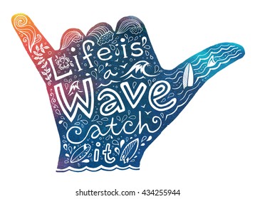 Surfer-Surfer-Shaka-Handsilhouette mit weißem handgezeichnet