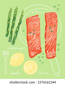 Watercolor style trendy recipe illustration with salmon fillets and asparagus decorated with lemon and herbs. Frying pan and fork contour with ingredients lettering on green background.