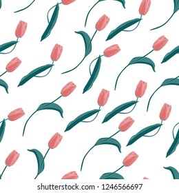 Watercolor style tulips pattern. International women's day. For design, card, print or background. White background.