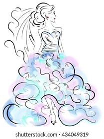 Watercolor style vector of beautiful woman in a colorful glittering wedding dress - blue, pink, turquoise. Invitation/postcard template for bridal shower/wedding invitations. Bride silhouette