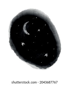 Watercolor Style Vector Illustration with Black Stain and White Moon and Stars. Creative Hand Drawn Night Sky Print ideal for Card, Wall Art, Poster, Kids Room Decoration. Printable Galaxy Art.