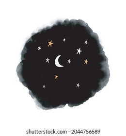 Watercolor Style Vector Illustration With Black Stain And White Moon And Stars. Creative Hand Drawn Night Sky Print Ideal For Card, Wall Art, Poster, Kids Room Decoration. Printable Galaxy Art.