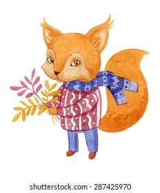 Watercolor style vector illustration of cartoon character. Squirrel.