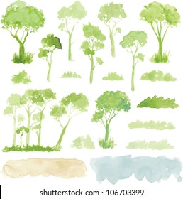 Watercolor style vector illustration of a collection of trees, shrubs, and grasses, isolated on white.