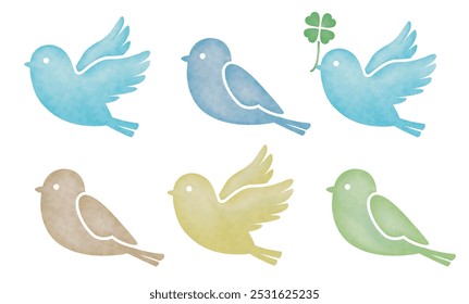 Watercolor style vector illustration set of a small blue bird flying in the sky and a four-leaf clover. (natural color)