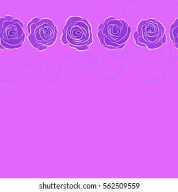 Watercolor style in violet colors. Summer Vintage Floral Greeting Card with horizontal Blooming violet Rose flowers. Botanical natural seamless pattern with copy space (place for your text).