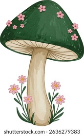 Watercolor Style Whimsical Mushroom with Flowers Illustration Isolated on White Background