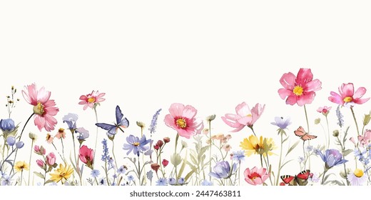 Watercolor style wildflowers, field of flowers with butterflies, long decorative border isolated on a clear background, vector illustration.