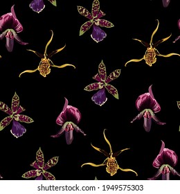 Watercolor style yellow, bordo, green orchid flowers seamless pattern. Decorative background in rustic boho style for wedding invite, fabric. Black background.