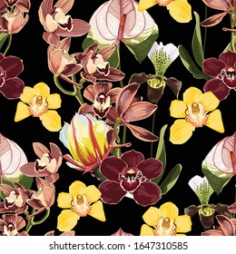 Watercolor style yellow, brown, bordo orchid flowers seamless pattern. Decorative background in rustic boho style for wedding invite, fabric.	