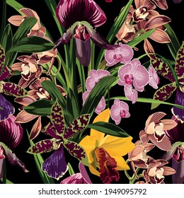 Watercolor style yellow, brown, bordo, pink orchid flowers seamless pattern. Decorative background in rustic boho style for wedding invite, fabric. Black background.