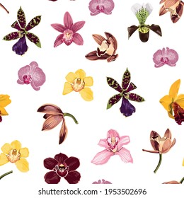 Watercolor style yellow, brown, bordo, pink orchid flowers seamless pattern. Decorative background in rustic boho style for wedding invite, fabric. White background.