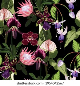 Watercolor style yellow, brown, bordo, pink exotic flowers seamless pattern. Decorative background in rustic boho style for wedding invite, fabric. Black background.