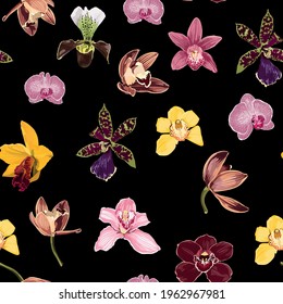 Watercolor style yellow, brown, bordo, pink orchid flowers seamless pattern. Decorative background in rustic boho style for wedding invite, fabric. Black background.