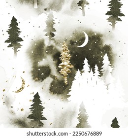 Watercolor stylish seamless pattern with coniferous forest in gray and golden colors under night sky. Vector silhouette of firs. Nature design for textile print, page fill, wrapping paper, web