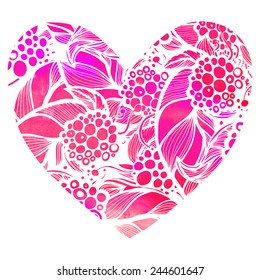 Watercolor stylized heart vector. Letering love on a dark background. Pink and red colors.