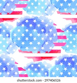  Watercolor  stylized USA flag  and starry texture. Vector seamless pattern