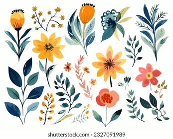 Watercolor stylized yellow and red flowers and plants isolated on the white background in vector