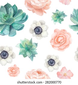 Watercolor succulents and flowers seamless pattern. Vintage wallpaper with pastel peony,roses, anemones, succulents, rose hip on white background. Floral texture in vector