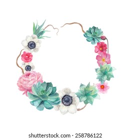 Watercolor succulents and flowers wreath. Vintage round frame with tree branch, peony,roses, anemones, succulents. Floral art print in vector