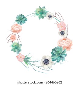 Watercolor succulents and flowers wreath. Vintage round frame with tree branch, pastel peony,roses, anemones, succulents, rose hip. Floral art print in vector