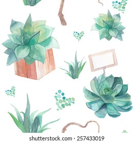 Watercolor succulents pattern. Seamless texture with objects: plants in wood box, paper card, green dots heart. Hand painted vintage garden background. Vector floral illustration.