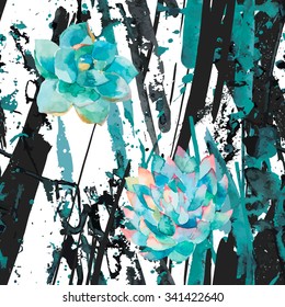 Watercolor succulents and stripes. Abstract blue Ink splatter spots and lines. Seamless vector Pattern. Background. Trendy modernistic pattern.