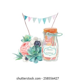 Watercolor succulents wedding style art. Seamless rustic combination with objects: plants, flags garland, peony, candy bottle, anemone, succulent. Hand painted vintage set. 