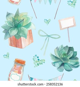 Watercolor succulents wedding style pattern. Seamless rustic texture with objects: plants in wood box, paper card, green dots hearts, candy bottle, ribbon. Hand painted vintage  background. 