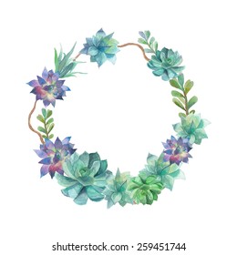 Watercolor succulents wreath. Vintage round frame with tree branch, and succulents. Floral art print in vector. Botanical border in eco style