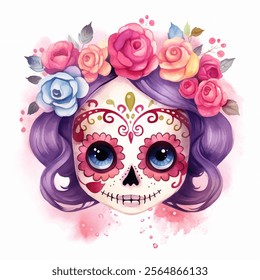 Watercolor sugar skull with a colorful flower crown, intricate decorative details with artistic flair for festive or cultural themes. For celebrating traditions like Dia de los Muertos vector design