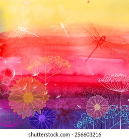 Watercolor summer abstract background. Flower background sketch