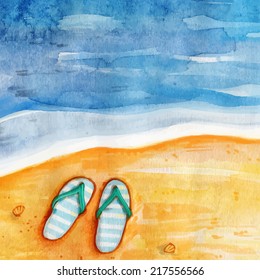 Watercolor summer background with sand,sea and flip flops. Vector illustration