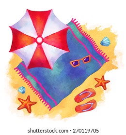 Watercolor summer beach cartoon illustration. Sun umbrella, sand, flip flop sandals, towel, sunglasses, starfish, sea shells closeup isolated on white background. Top view
