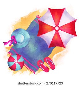 Watercolor summer beach cartoon illustration. Women's straw hat with ribbon, sand, flip flop sandals, ball, sun umbrella, towel closeup isolated on white background. Top view