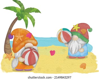 Vector de caracteres Watercolor Summer Beach Gnomes