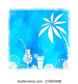 Watercolor summer beach illustration. Blue square pant stain, palm tree, sea shells, cocktails isolated on white background 