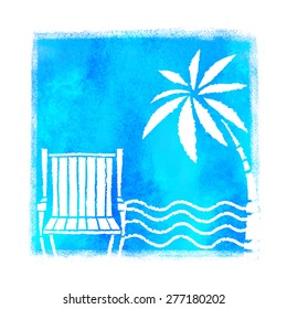 Watercolor summer beach illustration. Blue square pant stain, palm tree, sea, deck chair isolated on white background 