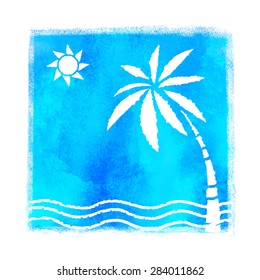 Watercolor summer beach illustration. Blue square pant stain, palm tree, waves, water, sea, sun silhouettes isolated on white background 