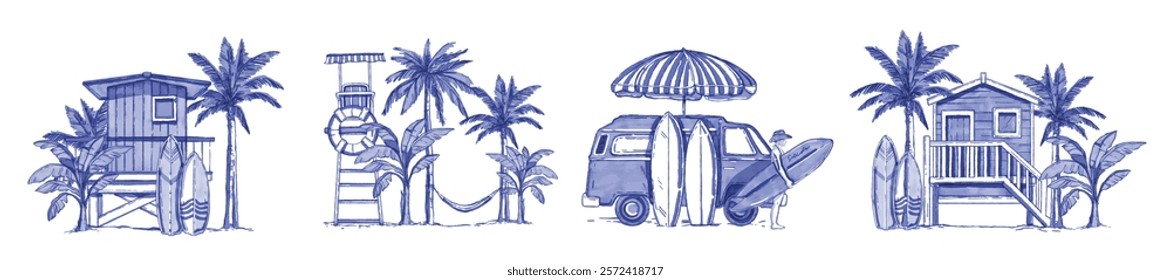 Watercolor summer beach illustration set, vector hand drawn tropical vacation landscape, palm tree. Ocean surf resort blue graphic print, exotic outdoor leisure vintage vibe travel. Summer beach view