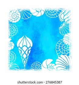 Watercolor summer beach print. Blue square pant stain, sea shells, ice cream isolated on white background