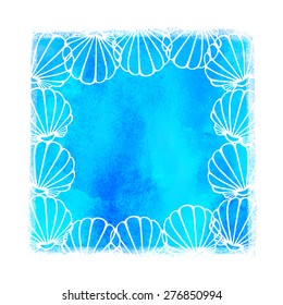 Watercolor summer beach print. Blue square pant stain, sea shells isolated on white background 
