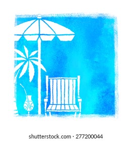 Watercolor summer beach print. Blue square pant stain, palm tree, parasol, deck chair, cocktail isolated on white background 