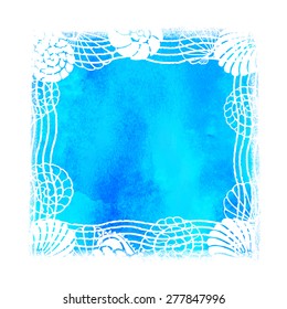Watercolor summer beach print. Blue square pant stain, sea shells, waves isolated on white background 