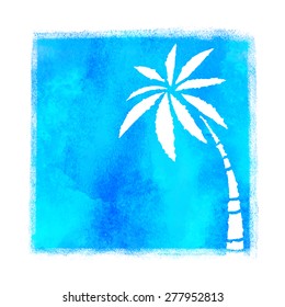 Watercolor summer beach print. Blue square pant stain, palm tree isolated on white background 