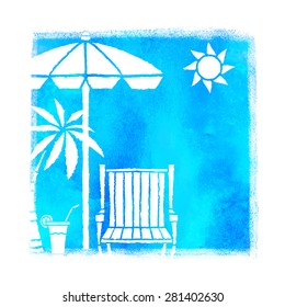 Watercolor summer beach print. Blue square pant stain, palm tree, parasol, deck chair, sun, cocktail isolated on white background