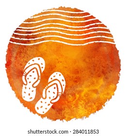 Watercolor summer beach print. Circle pant stain, flip flop sandals, waves, top view isolated on white background 