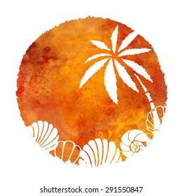 Watercolor summer beach print. Circle pant stain, hand drawn palm tree, sea ishells isolated on white background 
