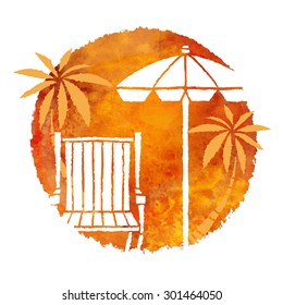 Watercolor Summer Beach Print. Circle Paint Stain, Deck Chair, Palm Trees, Beach Umbrella Isolated On White Background